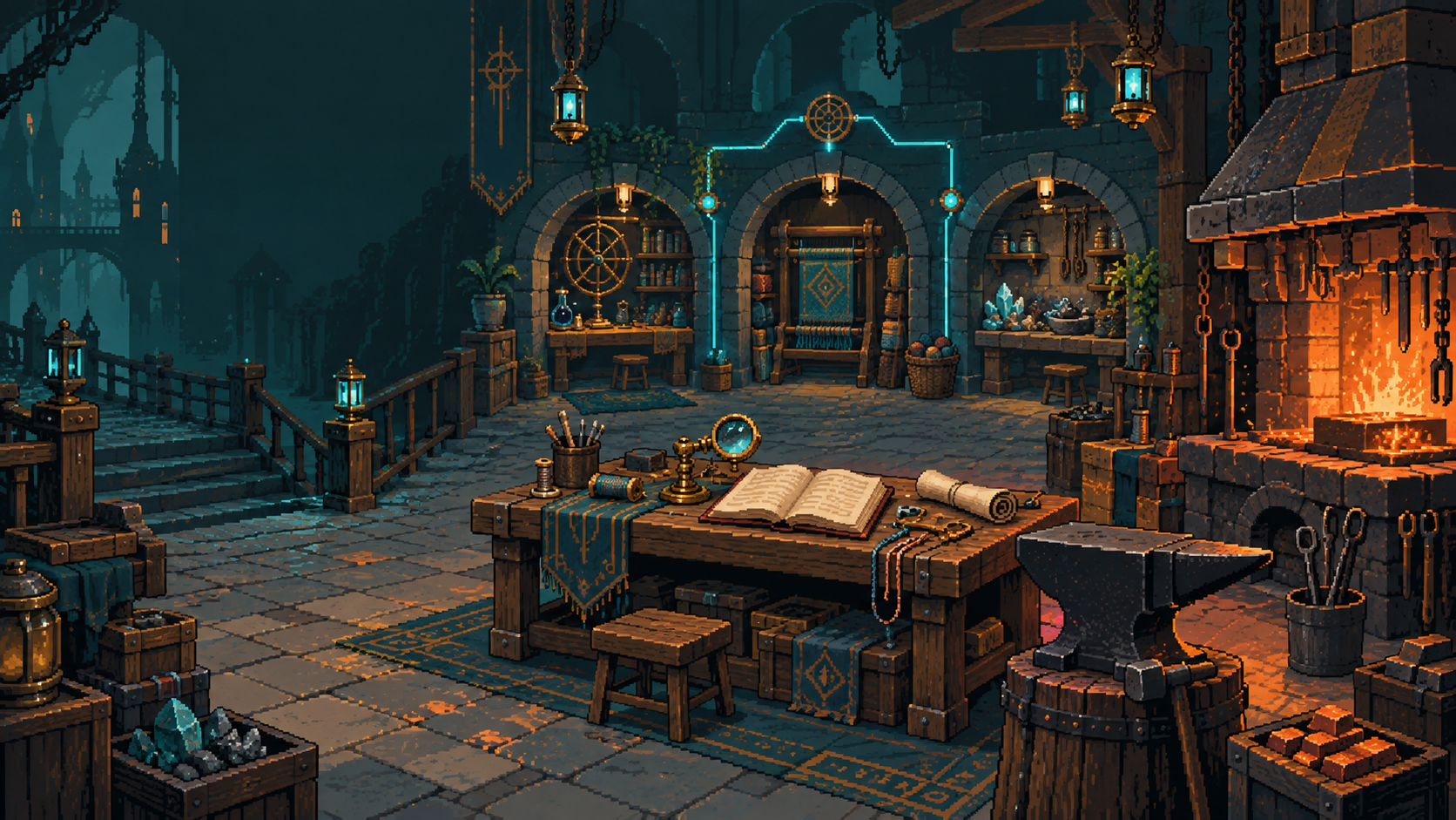 An ember-lit pixel-art forge with rune stations and a path into a fantasy campus kingdom.